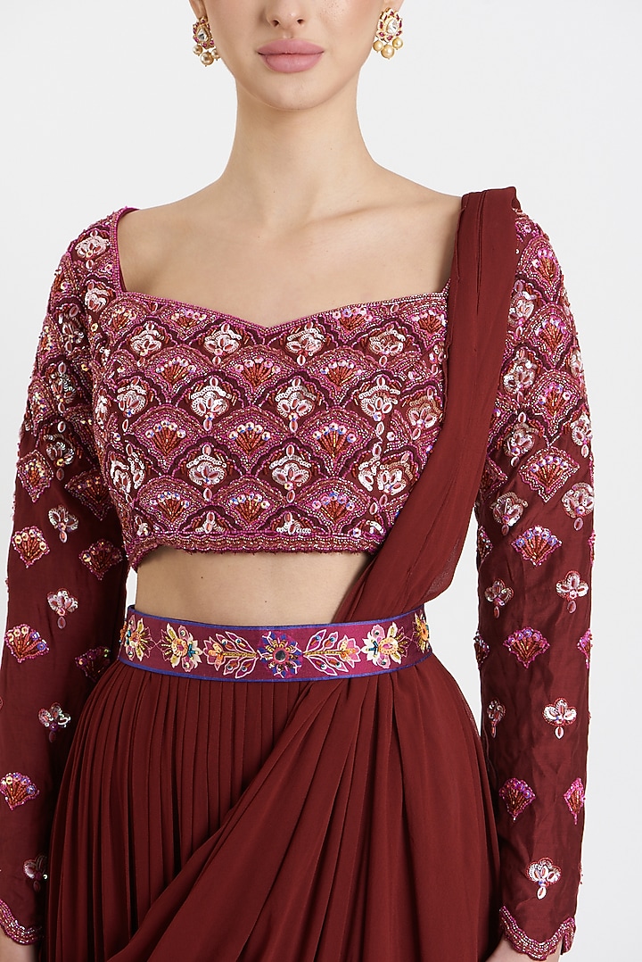 Deep Red Cotton Silk & Georgette Embroidered Skirt Wedding Saree Set by DiyaRajvvir at Pernia's Pop Up Shop