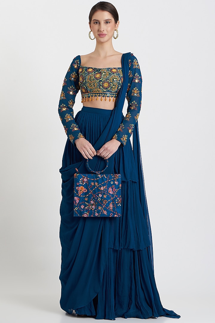 Blue Embroidered Saree Set by DiyaRajvvir
