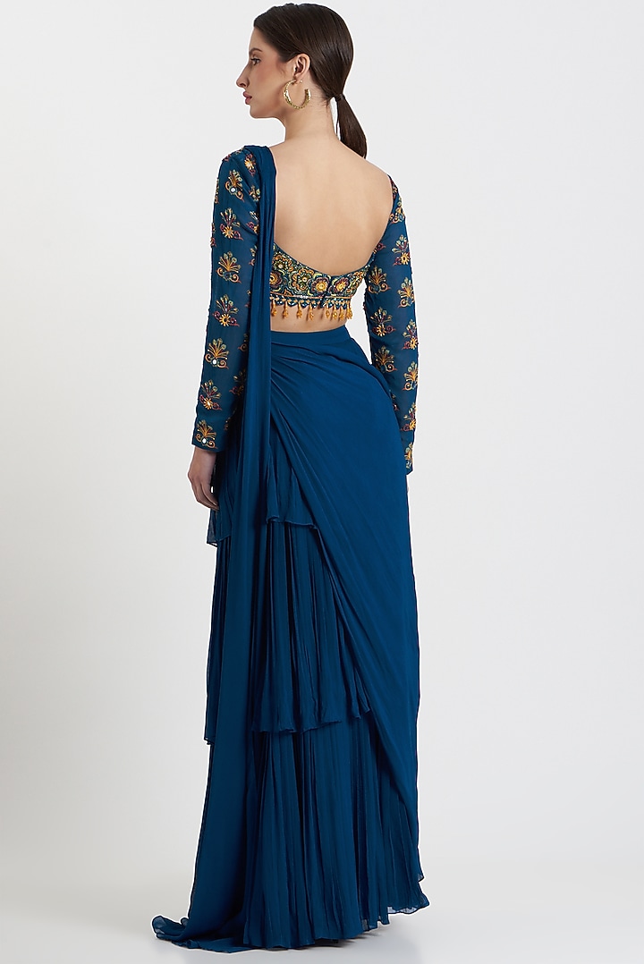 Blue Embroidered Wedding Saree Set by DiyaRajvvir at Pernia's Pop Up Shop