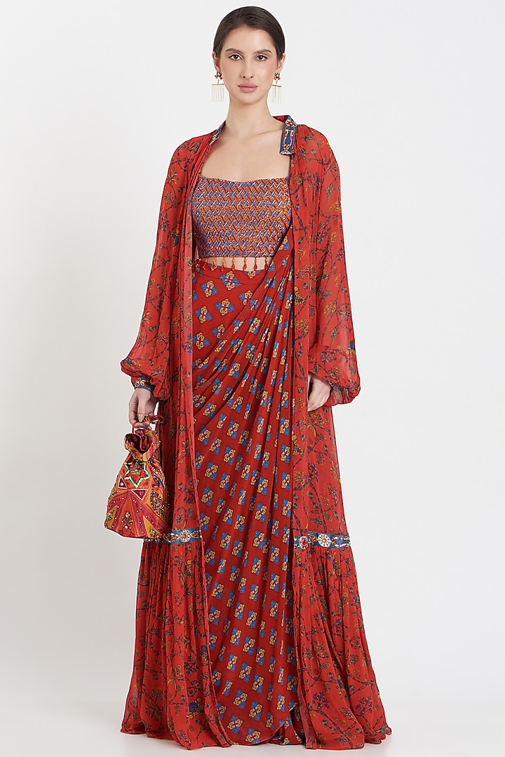 Red Cotton Silk Digital Printed Gharara Saree Set by DiyaRajvvir