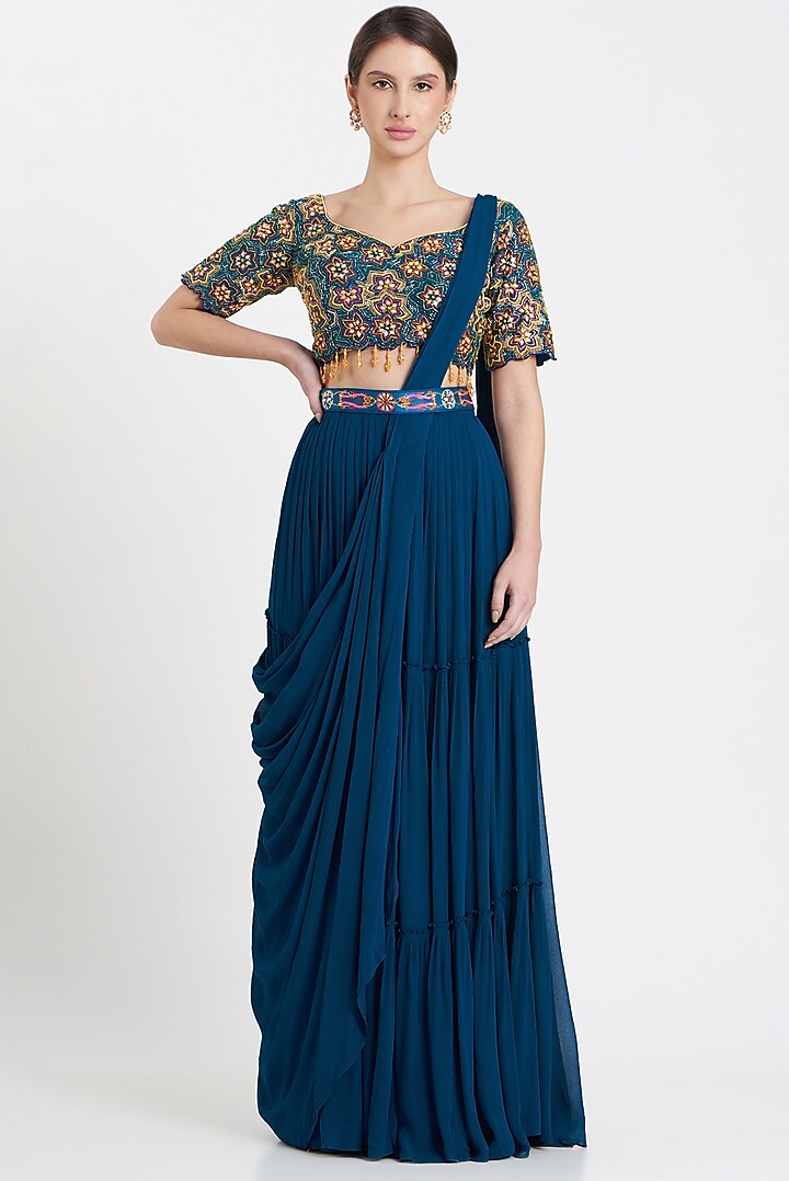 Blue Silk Embroidered Skirt Saree Set by DiyaRajvvir