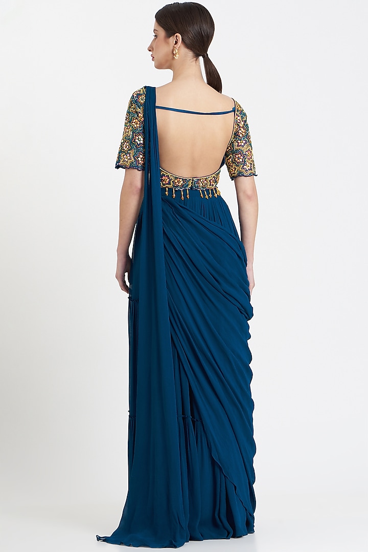 Blue Silk Embroidered Skirt Wedding Saree Set by DiyaRajvvir at Pernia's Pop Up Shop