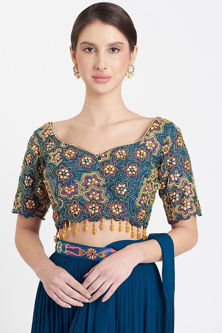 Blue Silk Embroidered Skirt Wedding Saree Set by DiyaRajvvir at Pernia's Pop Up Shop