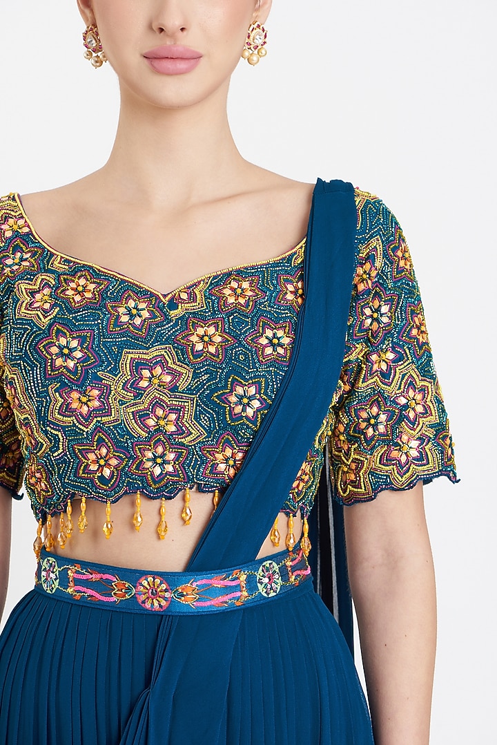 Blue Silk Embroidered Skirt Wedding Saree Set by DiyaRajvvir at Pernia's Pop Up Shop