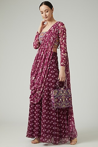 Purple Georgette Digital Printed Sharara Saree Set by DiyaRajvvir
