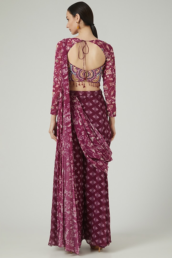 Purple Georgette Digital Printed Sharara Wedding Saree Set by DiyaRajvvir at Pernia's Pop Up Shop