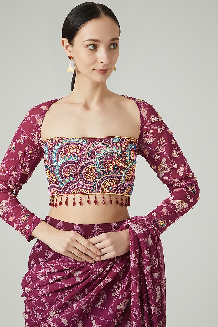Purple Georgette Digital Printed Sharara Wedding Saree Set by DiyaRajvvir at Pernia's Pop Up Shop