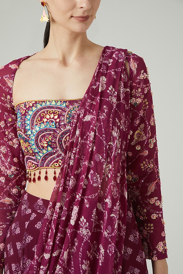 Purple Georgette Digital Printed Sharara Wedding Saree Set by DiyaRajvvir at Pernia's Pop Up Shop