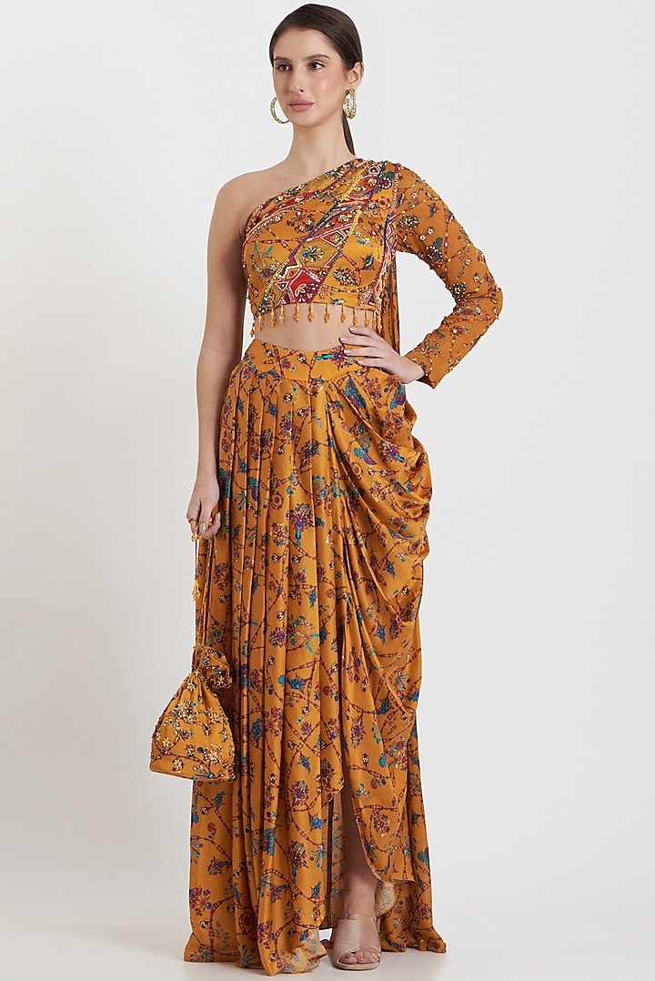 Yellow Printed Dhoti Skirt Set by DiyaRajvvir