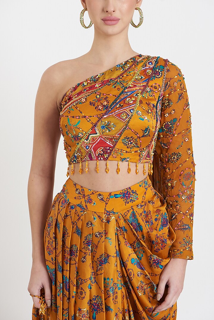 Yellow Printed Dhoti Skirt Set by DiyaRajvvir at Pernia's Pop Up Shop