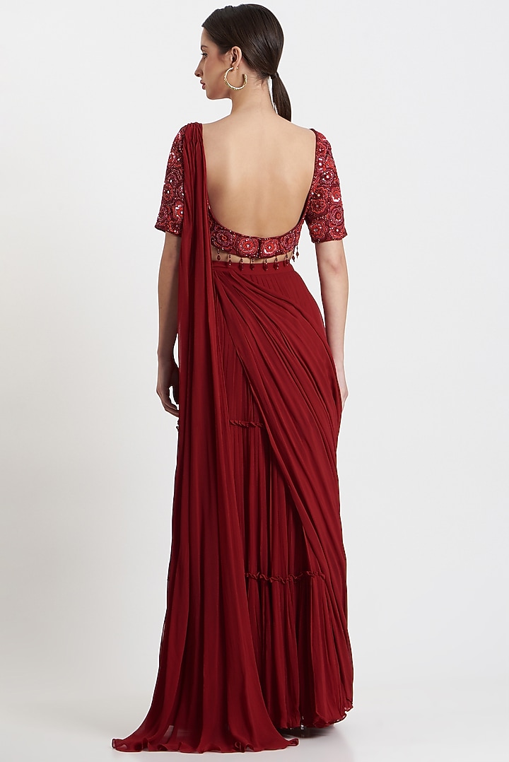 Red Georgette & Cotton Silk Tiered Skirt Wedding Saree Set by DiyaRajvvir at Pernia's Pop Up Shop