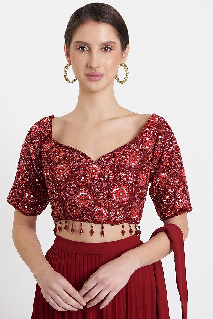 Red Georgette & Cotton Silk Tiered Skirt Wedding Saree Set by DiyaRajvvir at Pernia's Pop Up Shop