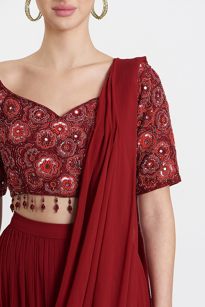 Red Georgette & Cotton Silk Tiered Skirt Wedding Saree Set by DiyaRajvvir at Pernia's Pop Up Shop