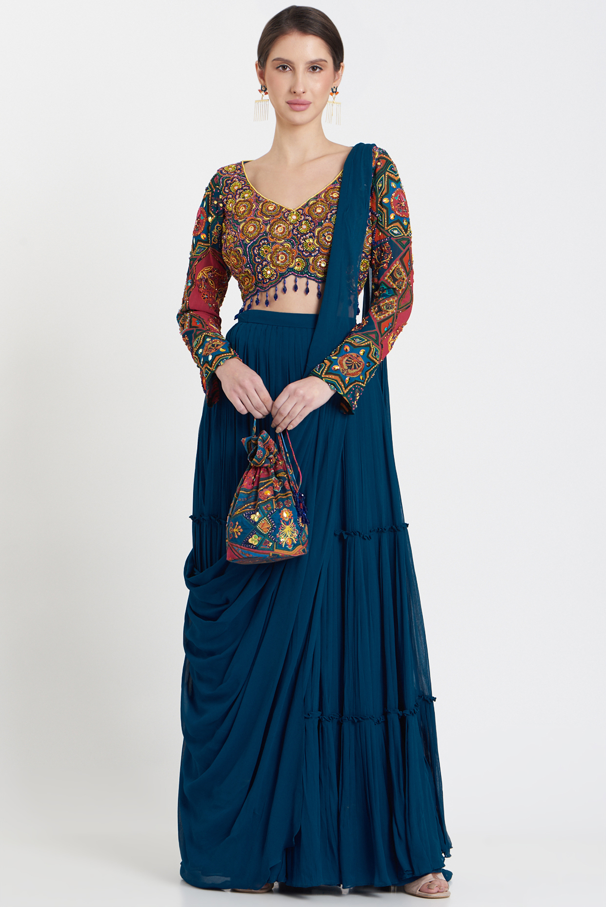 Teal Modal & Georgette Tiered Skirt Wedding Saree Set by DiyaRajvvir at Pernia's Pop Up Shop