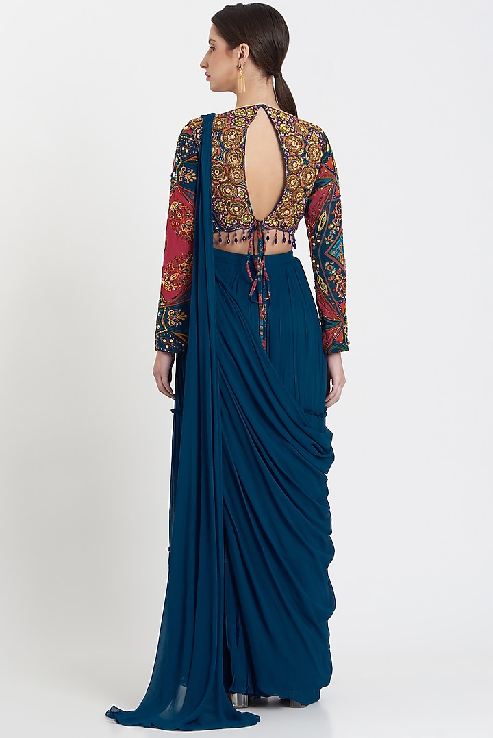 Teal Modal & Georgette Tiered Skirt Wedding Saree Set by DiyaRajvvir at Pernia's Pop Up Shop