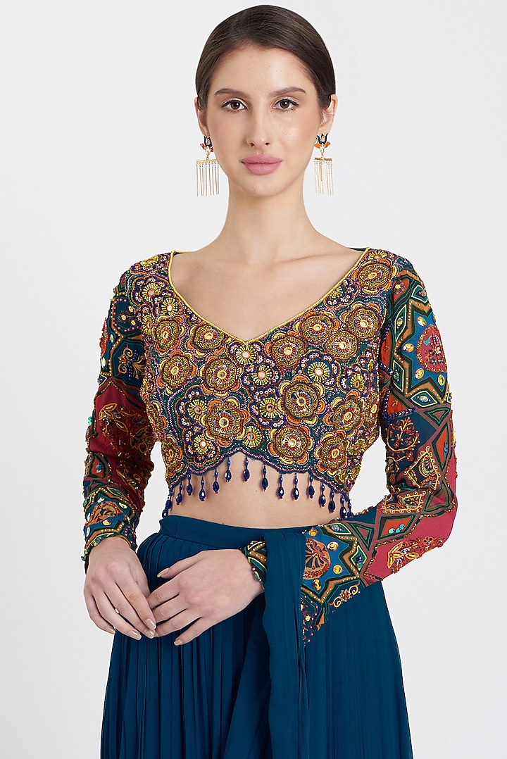 Teal Modal & Georgette Tiered Skirt Wedding Saree Set by DiyaRajvvir at Pernia's Pop Up Shop