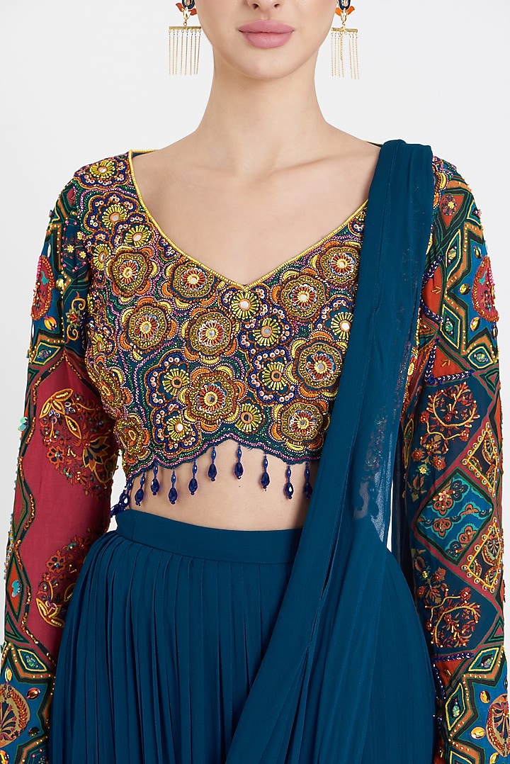 Teal Modal & Georgette Tiered Skirt Wedding Saree Set by DiyaRajvvir at Pernia's Pop Up Shop