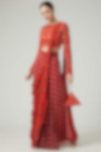 Red Georgette Digital Printed Gharara Saree Set by DiyaRajvvir