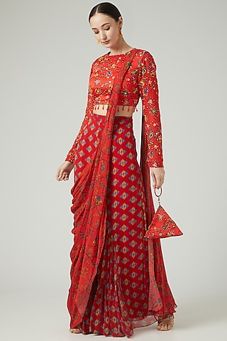 Red Georgette Digital Printed Gharara Saree Set by DiyaRajvvir