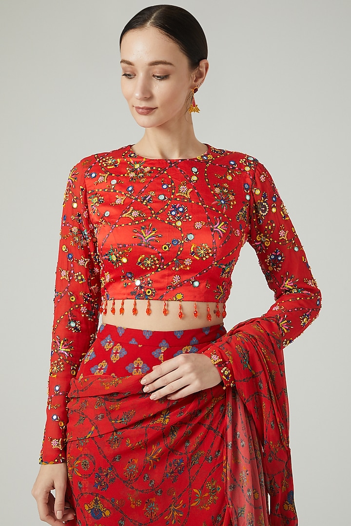Red Georgette Digital Printed Gharara Wedding Saree Set by DiyaRajvvir at Pernia's Pop Up Shop