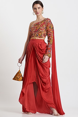 Red & Yellow Modal Dhoti Skirt Set by DiyaRajvvir