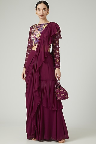 Purple Modal & Georgette Ruffled Saree Set by DiyaRajvvir