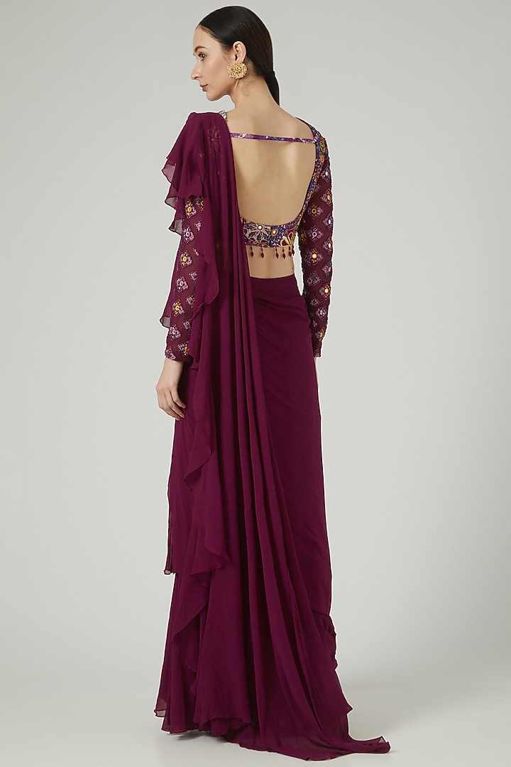 Purple Modal & Georgette Ruffled Wedding Saree Set by DiyaRajvvir at Pernia's Pop Up Shop