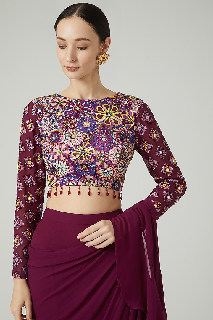Purple Modal & Georgette Ruffled Wedding Saree Set by DiyaRajvvir at Pernia's Pop Up Shop
