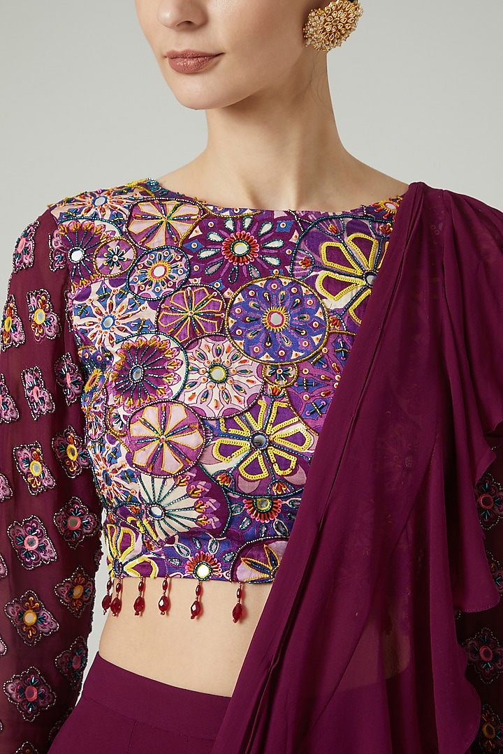 Purple Modal & Georgette Ruffled Wedding Saree Set by DiyaRajvvir at Pernia's Pop Up Shop