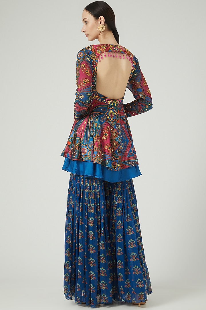 Teal & Fuchsia Printed Gharara Set by DiyaRajvvir at Pernia's Pop Up Shop