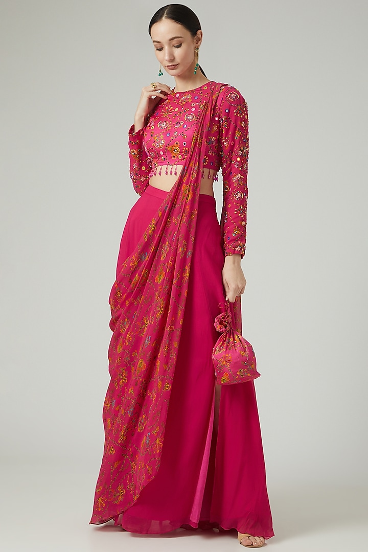 Fuchsia Pink Georgette Digital Printed Sharara Saree Set by DiyaRajvvir