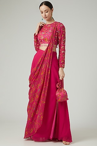 Fuchsia Pink Georgette Digital Printed Sharara Saree Set by DiyaRajvvir