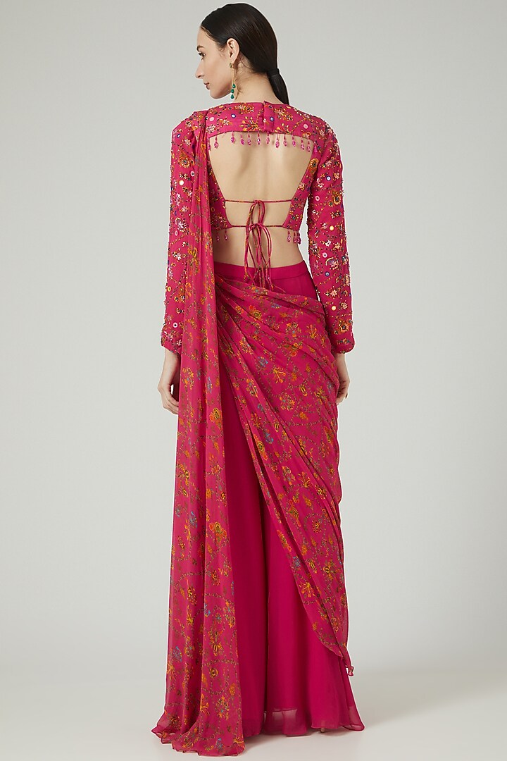 Fuchsia Pink Georgette Digital Printed Sharara Wedding Saree Set by DiyaRajvvir at Pernia's Pop Up Shop