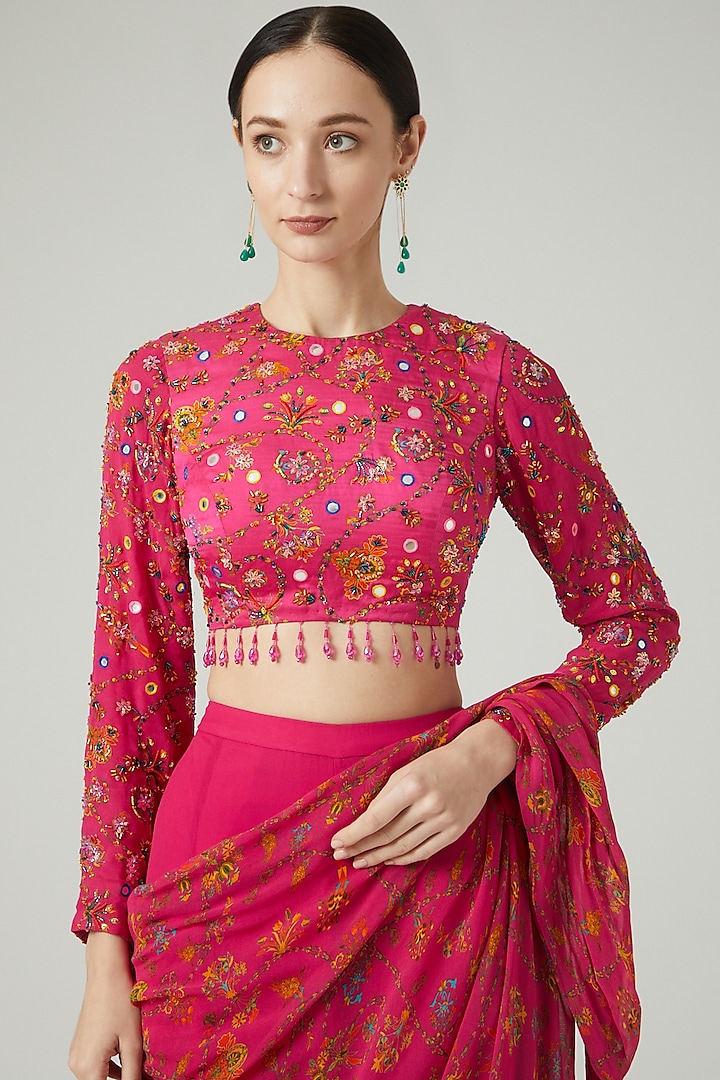 Fuchsia Pink Georgette Digital Printed Sharara Wedding Saree Set by DiyaRajvvir at Pernia's Pop Up Shop