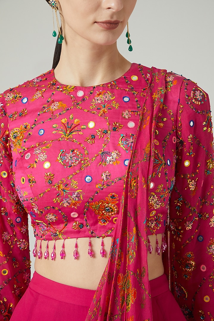 Fuchsia Pink Georgette Digital Printed Sharara Wedding Saree Set by DiyaRajvvir at Pernia's Pop Up Shop