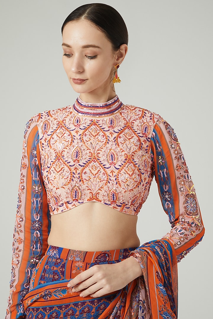 Rust Georgette Printed Gharara Wedding Saree Set by DiyaRajvvir at Pernia's Pop Up Shop