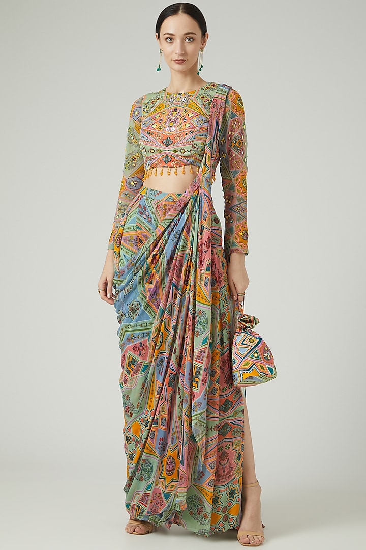 Multi-Colored Modal Digital Printed Saree Set Design by DiyaRajvvir at ...