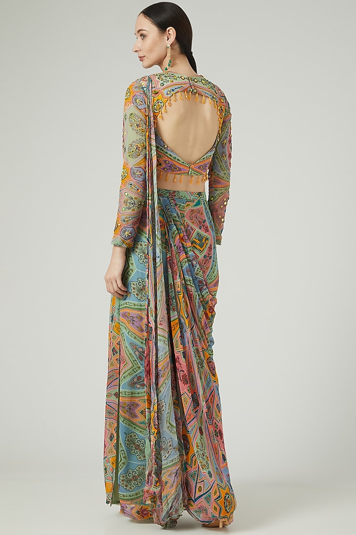 Multi-Colored Modal Digital Printed Wedding Saree Set by DiyaRajvvir at Pernia's Pop Up Shop