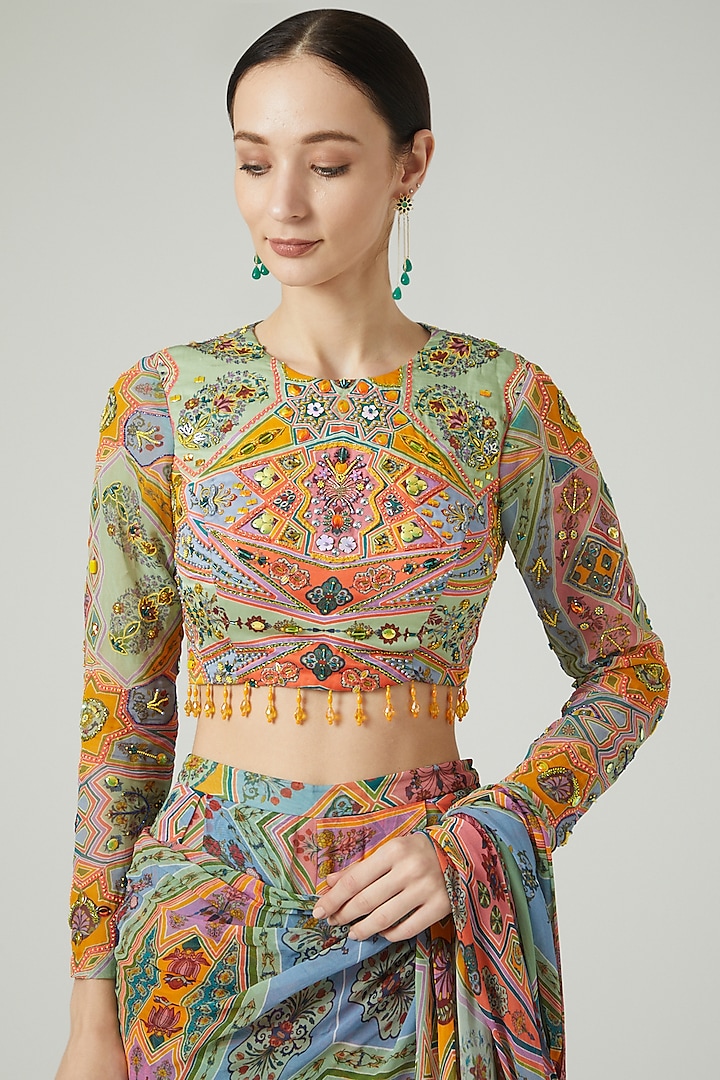 Multi-Colored Modal Digital Printed Wedding Saree Set by DiyaRajvvir at Pernia's Pop Up Shop