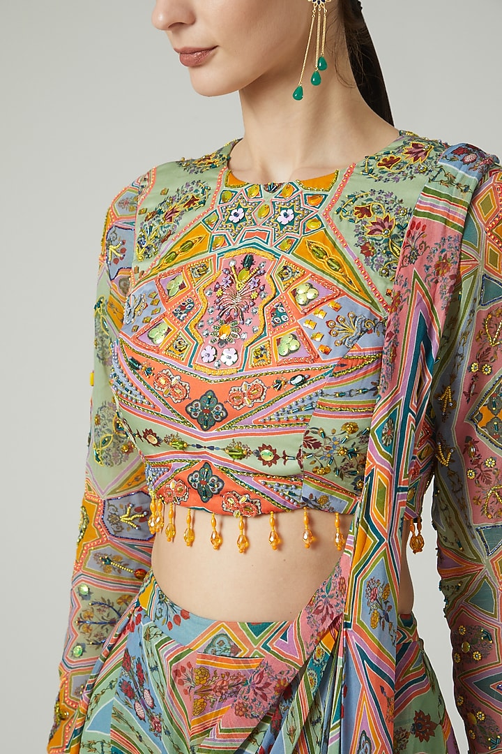 Multi-Colored Modal Digital Printed Wedding Saree Set by DiyaRajvvir at Pernia's Pop Up Shop