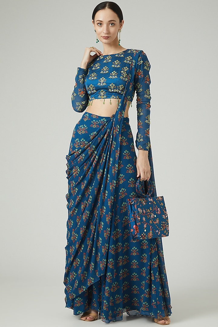 Blue Modal Digital Printed Sharara Saree Set by DiyaRajvvir