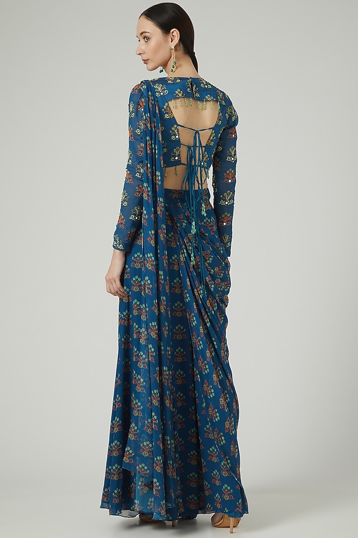 Blue Modal Digital Printed Sharara Wedding Saree Set by DiyaRajvvir at Pernia's Pop Up Shop