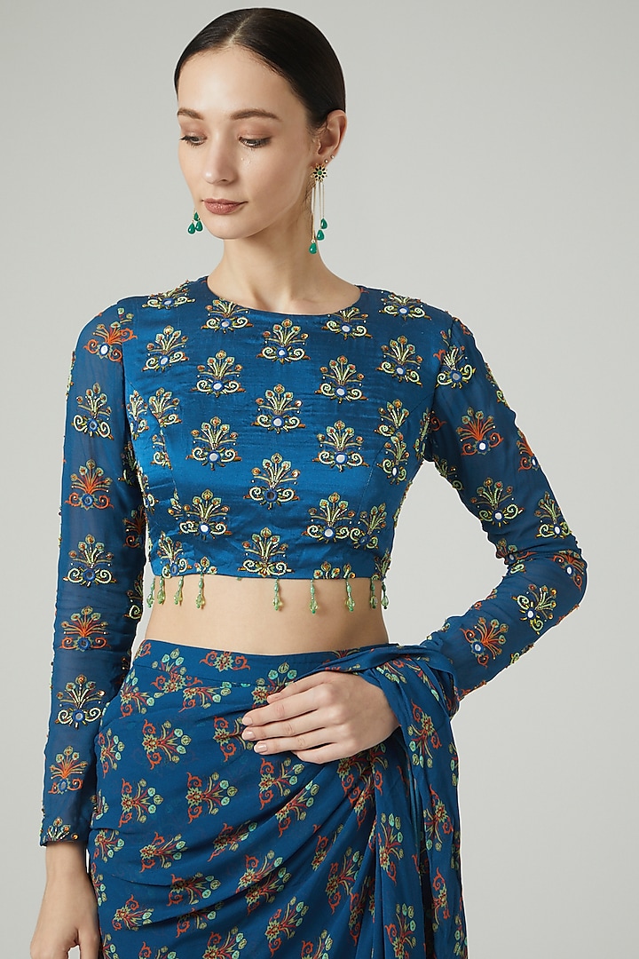 Blue Modal Digital Printed Sharara Wedding Saree Set by DiyaRajvvir at Pernia's Pop Up Shop