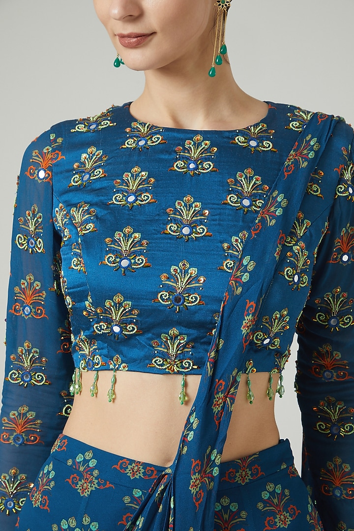Blue Modal Digital Printed Sharara Wedding Saree Set by DiyaRajvvir at Pernia's Pop Up Shop