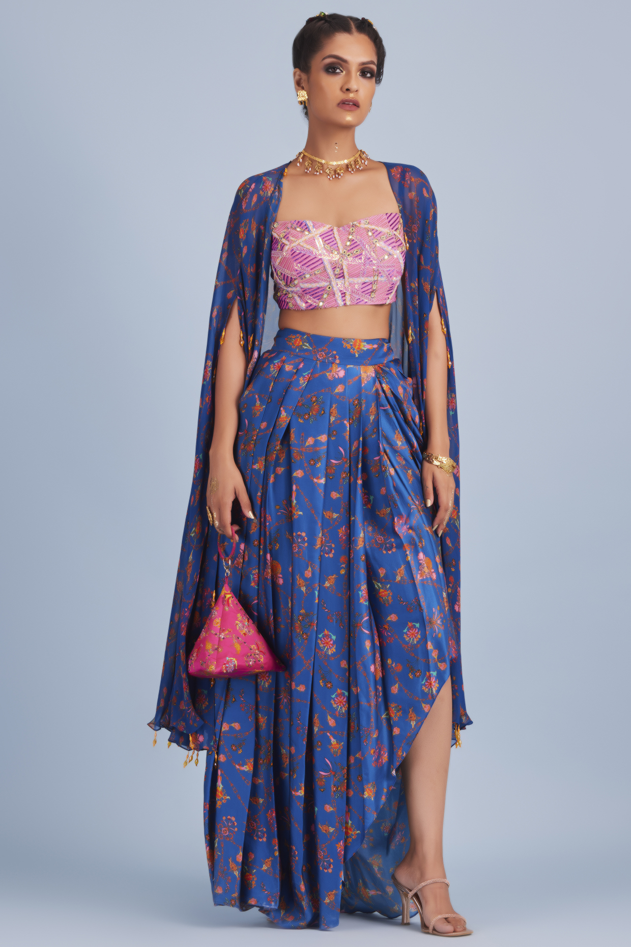 Blue Printed Cape Set by DiyaRajvvir at Pernia's Pop Up Shop