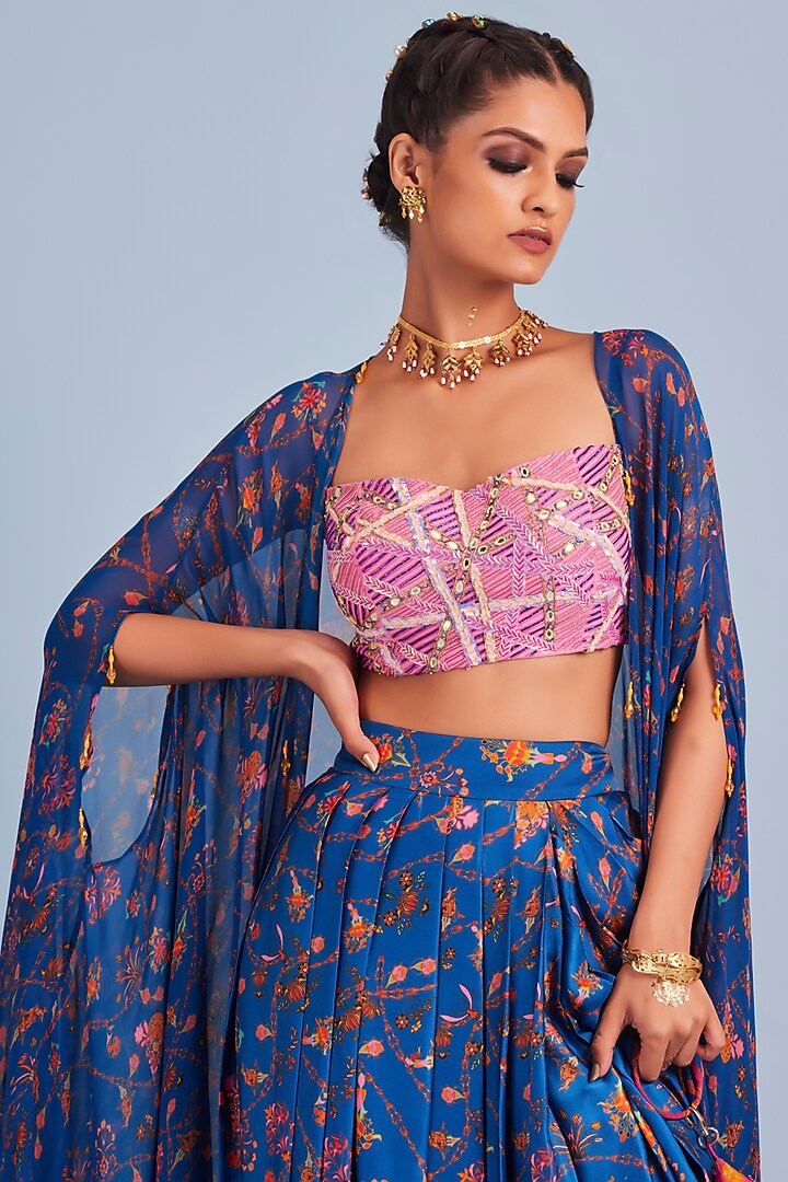 Blue Printed Cape Set by DiyaRajvvir at Pernia's Pop Up Shop
