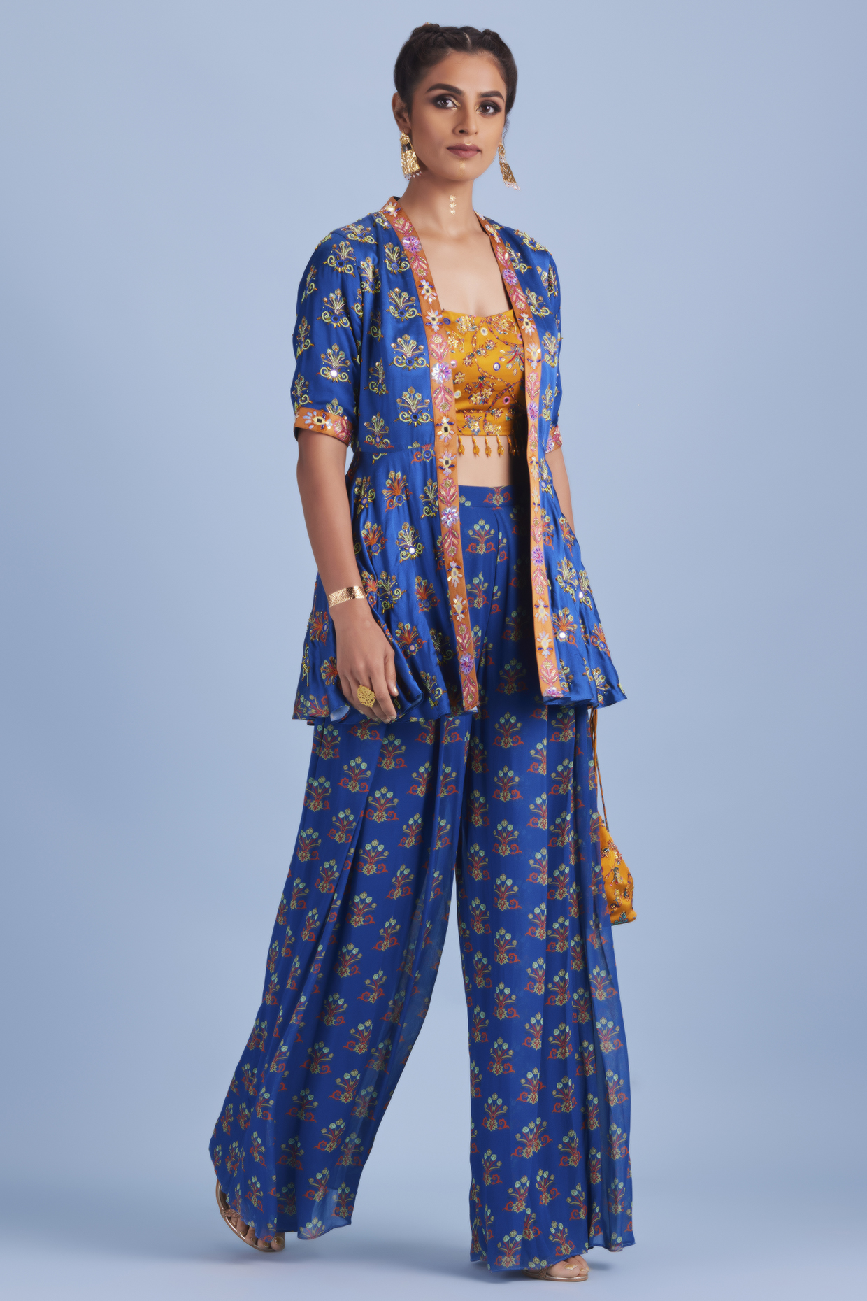 Blue Printed & Embroidered Jacket Set by DiyaRajvvir at Pernia's Pop Up Shop