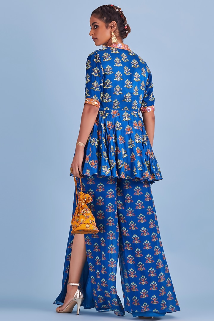 Blue Printed & Embroidered Jacket Set by DiyaRajvvir at Pernia's Pop Up Shop