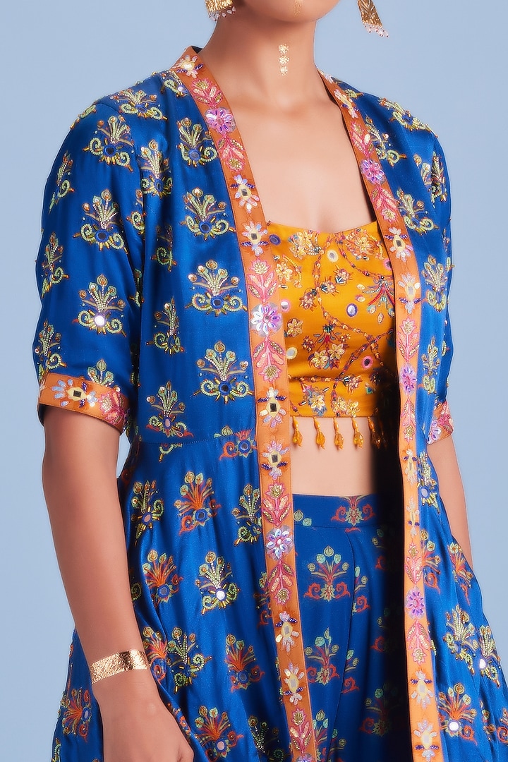 Blue Printed & Embroidered Jacket Set by DiyaRajvvir at Pernia's Pop Up Shop