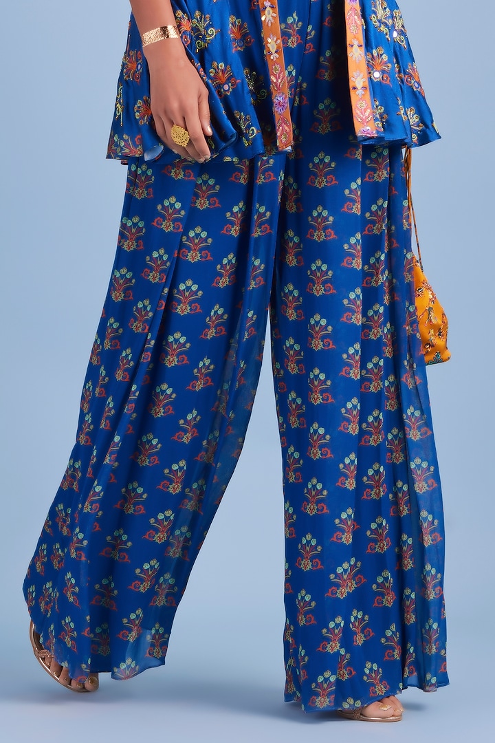 Blue Printed & Embroidered Jacket Set by DiyaRajvvir at Pernia's Pop Up Shop